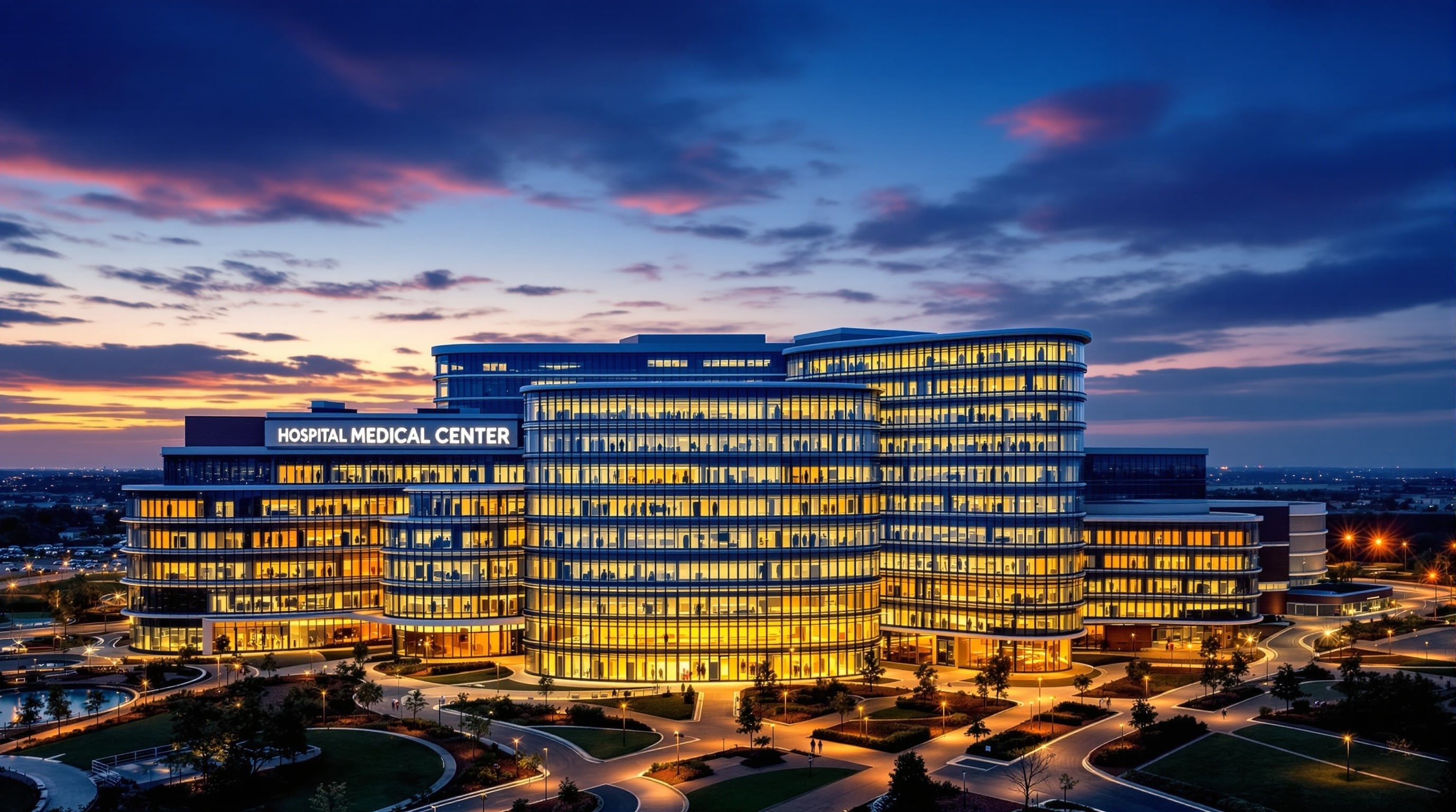 Modern medical center building at twilight