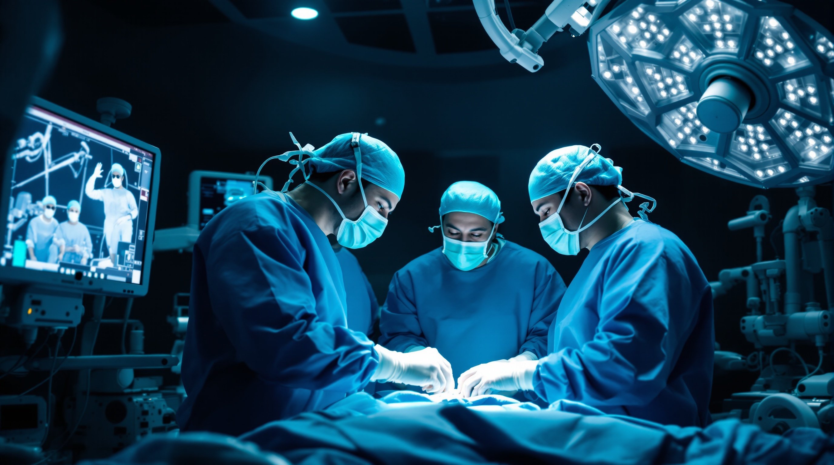 Surgical team using advanced medical equipment in operating room